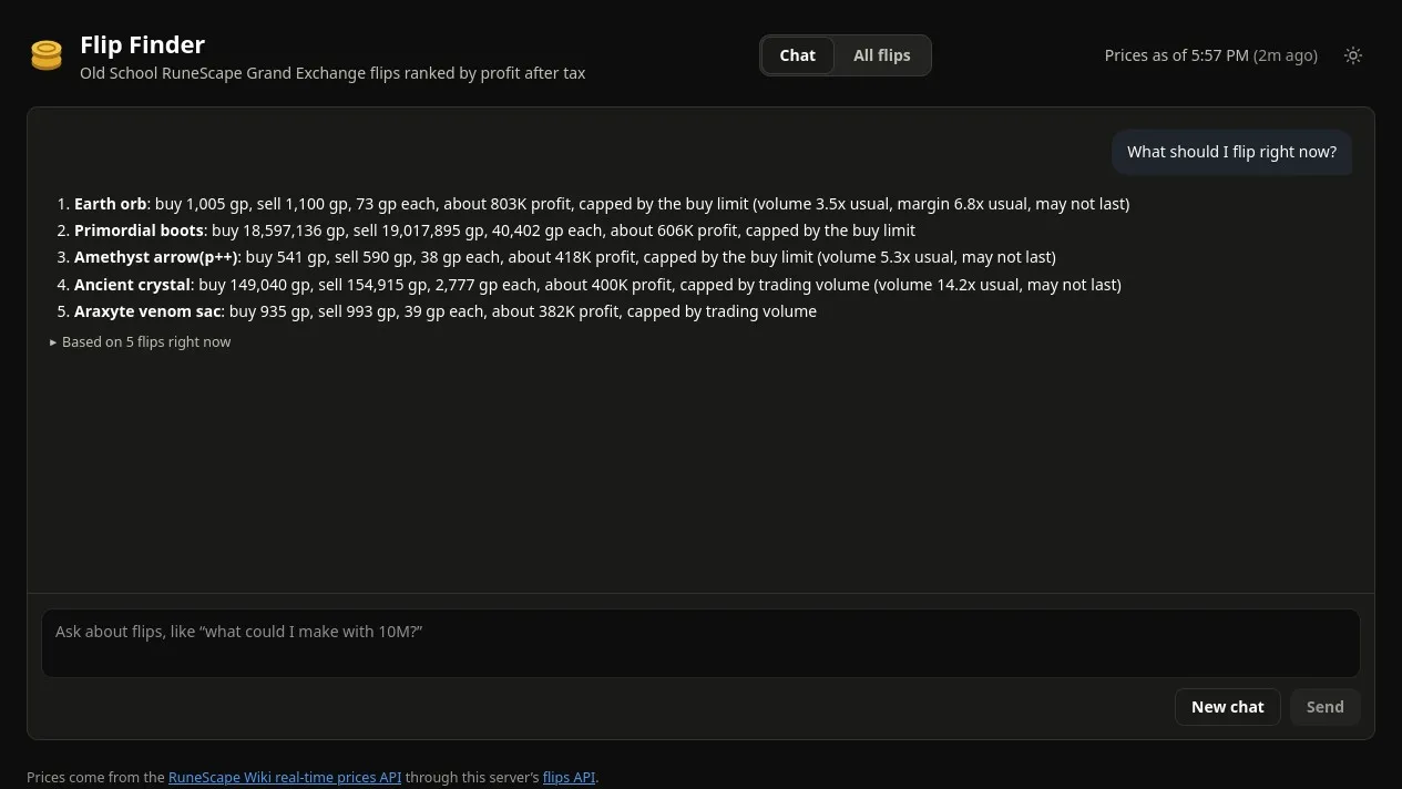 Flip Finder answering what should I flip right now with five recommendations grounded in live Grand Exchange prices.