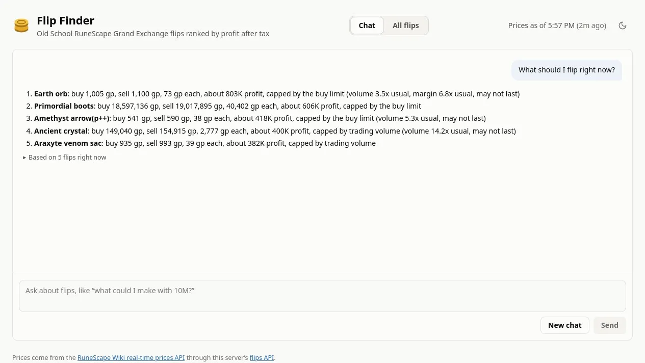 Flip Finder answering what should I flip right now with five recommendations grounded in live Grand Exchange prices.