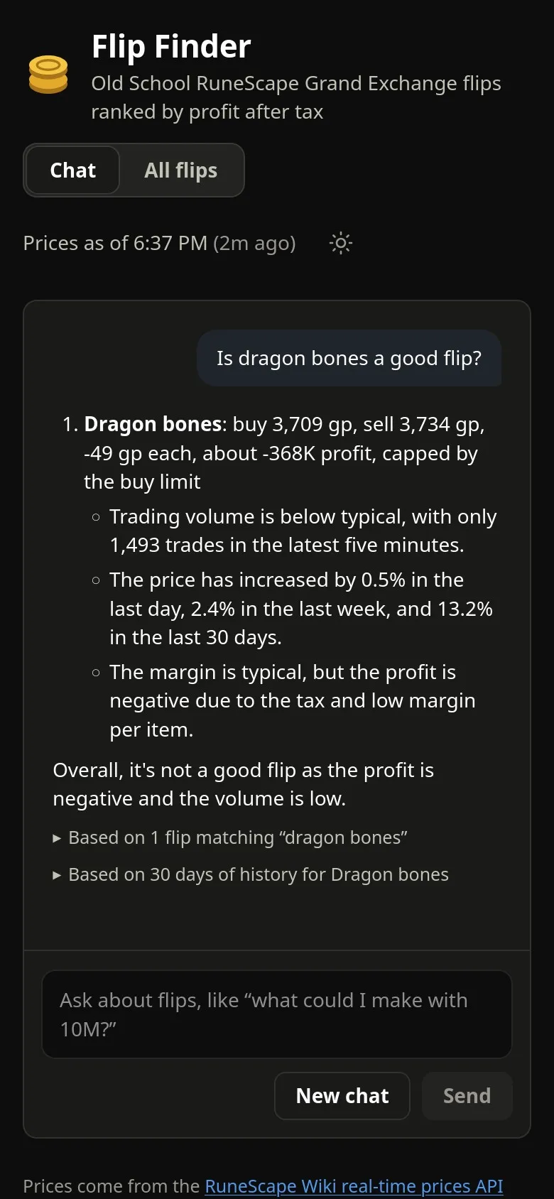 Flip Finder at phone size answering, is dragon bones a good flip, with its current margin, how its price has moved over the last day, week and 30 days, and a verdict that it is not a good flip right now.