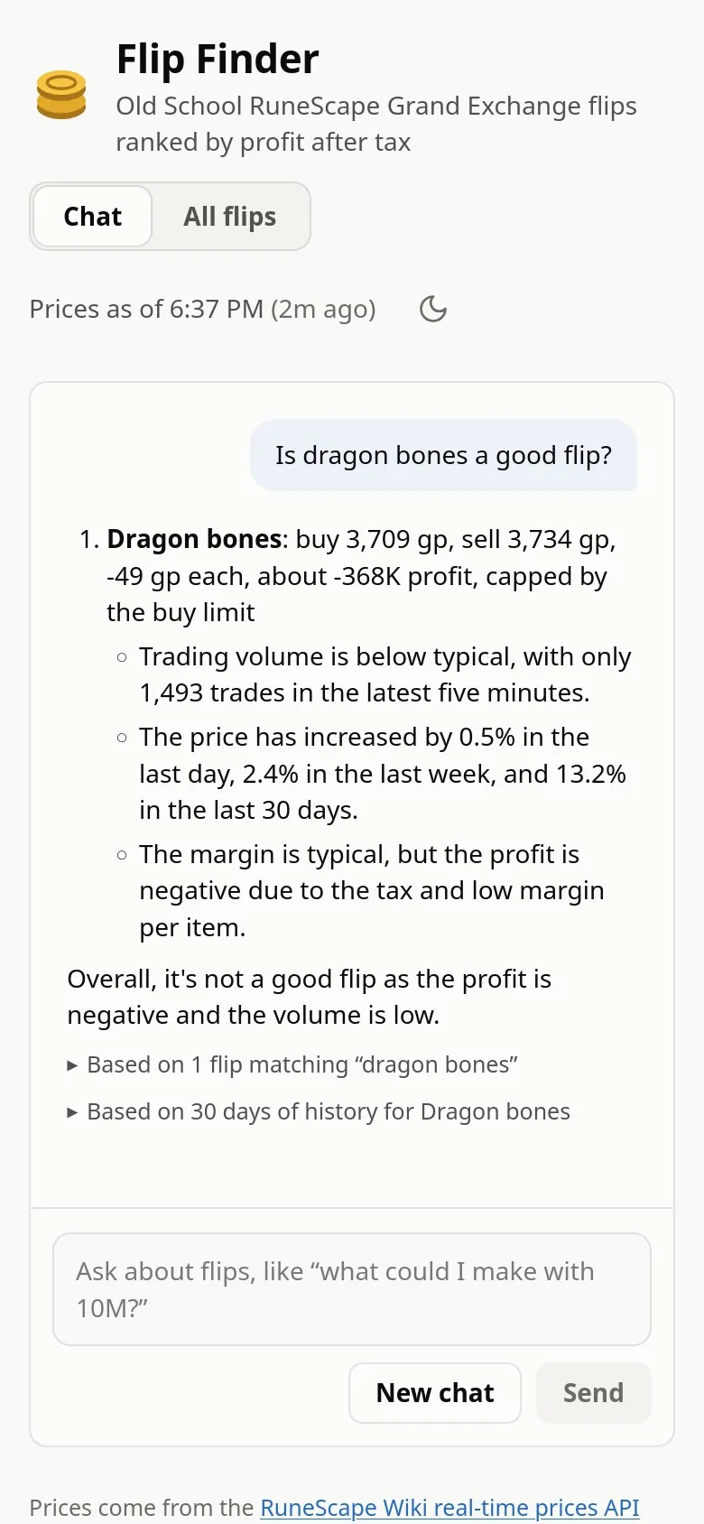 Flip Finder at phone size answering, is dragon bones a good flip, with its current margin, how its price has moved over the last day, week and 30 days, and a verdict that it is not a good flip right now.